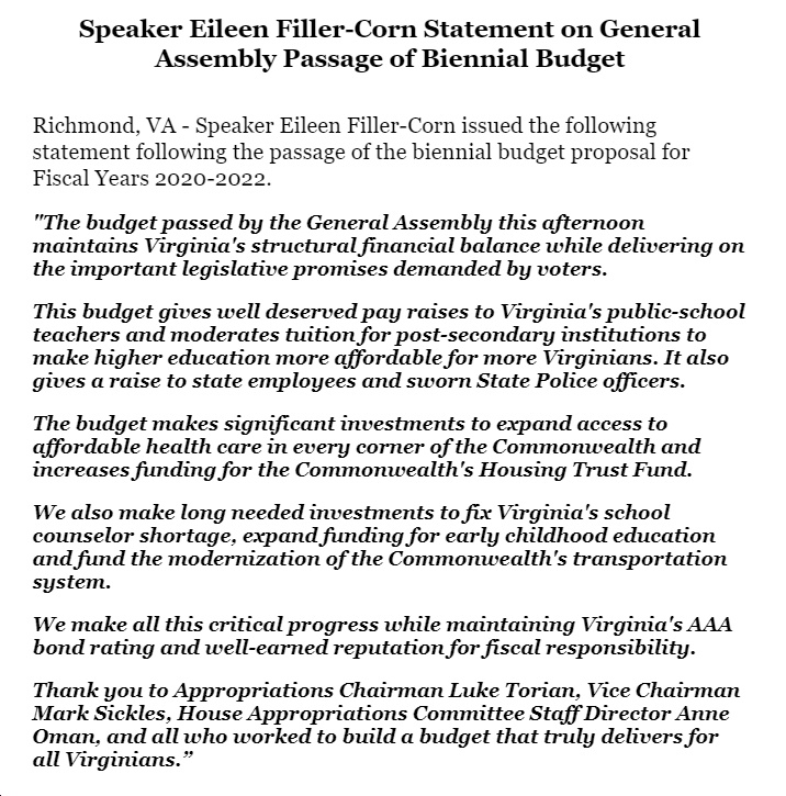 Statements Virginia General Assembly Passes Biennial Budget Blue