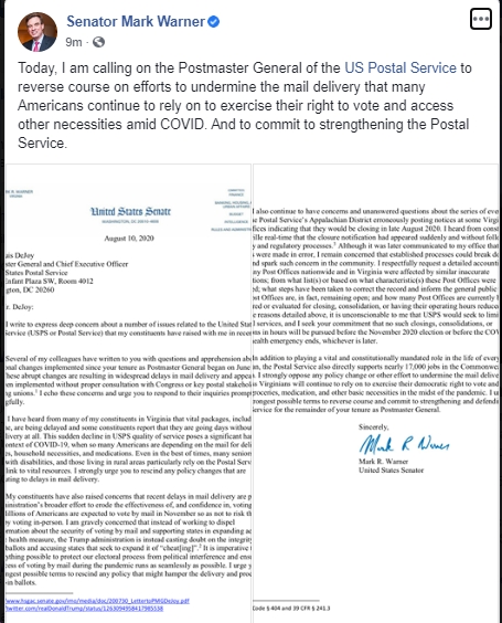 Sen. Warner Sends Letter to Postmaster General, Urges Him “in the strongest possible terms” to …