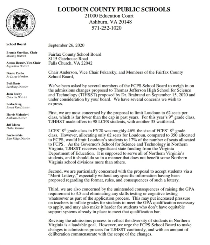 Loudoun County School Board Sends Letter To Fairfax County School Board Expressing Concerns Over Changes To Tj Admissions Process Blue Virginia