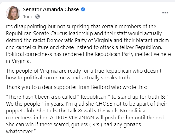 VA Senators John Bell, George Barker, Adam Ebbin, Jennifer Boysko Seek to  Censure Amanda Chase (R) “for fomenting insurrection against the United  States”