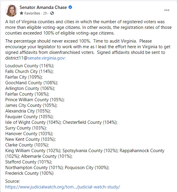 VA Senators John Bell, George Barker, Adam Ebbin, Jennifer Boysko Seek to  Censure Amanda Chase (R) “for fomenting insurrection against the United  States”