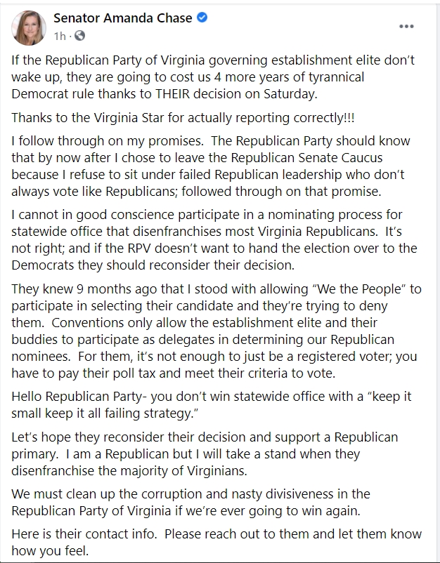 VA Senators John Bell, George Barker, Adam Ebbin, Jennifer Boysko Seek to  Censure Amanda Chase (R) “for fomenting insurrection against the United  States”