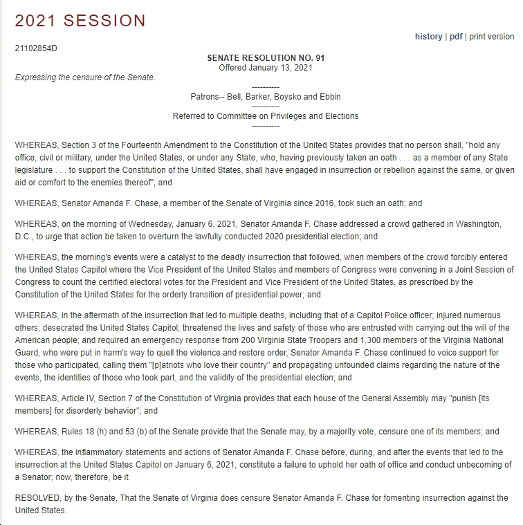 VA Senators John Bell, George Barker, Adam Ebbin, Jennifer Boysko Seek to  Censure Amanda Chase (R) “for fomenting insurrection against the United  States”