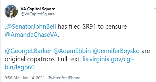 VA Senators John Bell, George Barker, Adam Ebbin, Jennifer Boysko Seek to  Censure Amanda Chase (R) “for fomenting insurrection against the United  States”