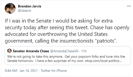 VA Senators John Bell, George Barker, Adam Ebbin, Jennifer Boysko Seek to  Censure Amanda Chase (R) “for fomenting insurrection against the United  States”