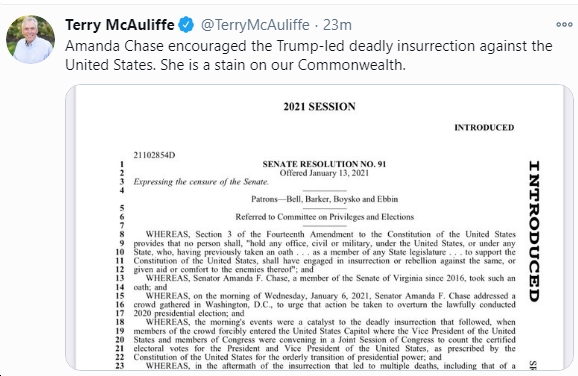 VA Senators John Bell, George Barker, Adam Ebbin, Jennifer Boysko Seek to  Censure Amanda Chase (R) “for fomenting insurrection against the United  States”