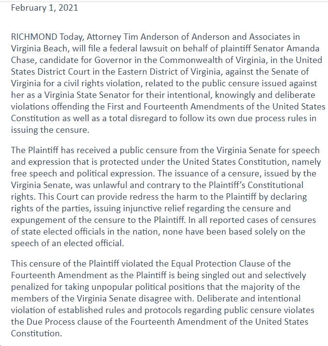 Va State Sen Amanda Chase R Files Lawsuit In Federal Court Alleging Her Censure Constitutes A 