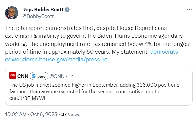 Rep. Bobby Scott (D-VA03): “Today’s jobs report demonstrates that, despite House Republicans’ extremism and inability to govern, the Biden-Harris economic agenda is working.”