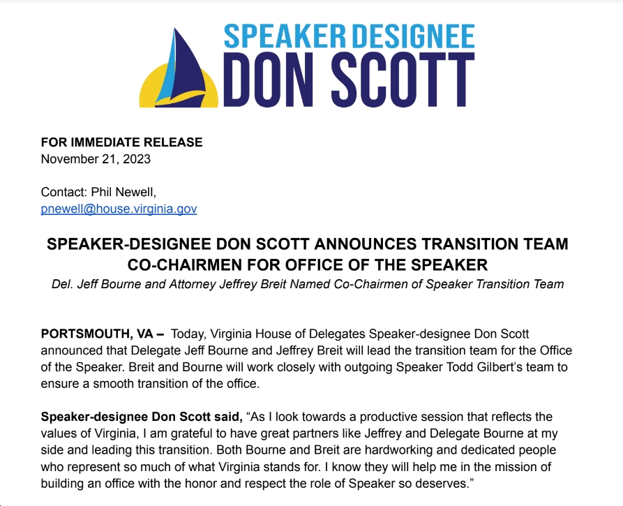 Virginia House Speaker-Designee Don Scott Announces Del. Jeff Bourne and Attorney Jeffrey Breit as Transition Team Co-Chairmen for Office of the Speaker