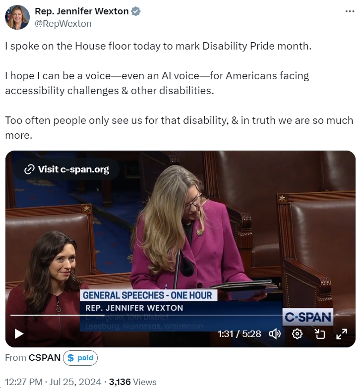 Video: Rep. Jennifer Wexton (D-VA10) Marks Disability Pride Month on House Floor Using New AI Voice Model