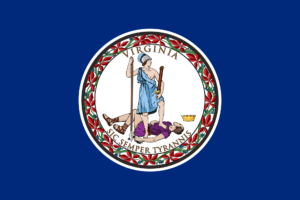 Virginia flag and seal with sic semper tyrannis motto