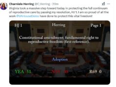 Virginia House of Delegates Passes, on a Party-Line Vote, Constitutional Amendment Guaranteeing “the fundamental right to reproductive freedom”