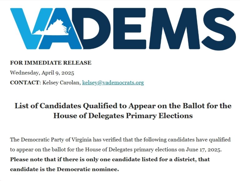 DPVA List of Candidates Qualified to Appear on the Ballot for the 2025 House of Delegates Primary Elections 