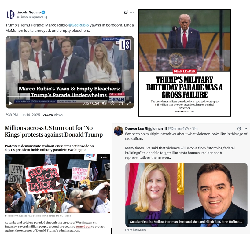 Sunday News: “Israel urges U.S. to join war with Iran to eliminate nuclear program”; “Millions turn out nationwide for ‘No Kings’ protests against Trump administration”; “Trump’s Military Birthday ‘PERADE’ Was a Gross Failure”; “SUV drives through protesters in Culpeper, Va., police say”