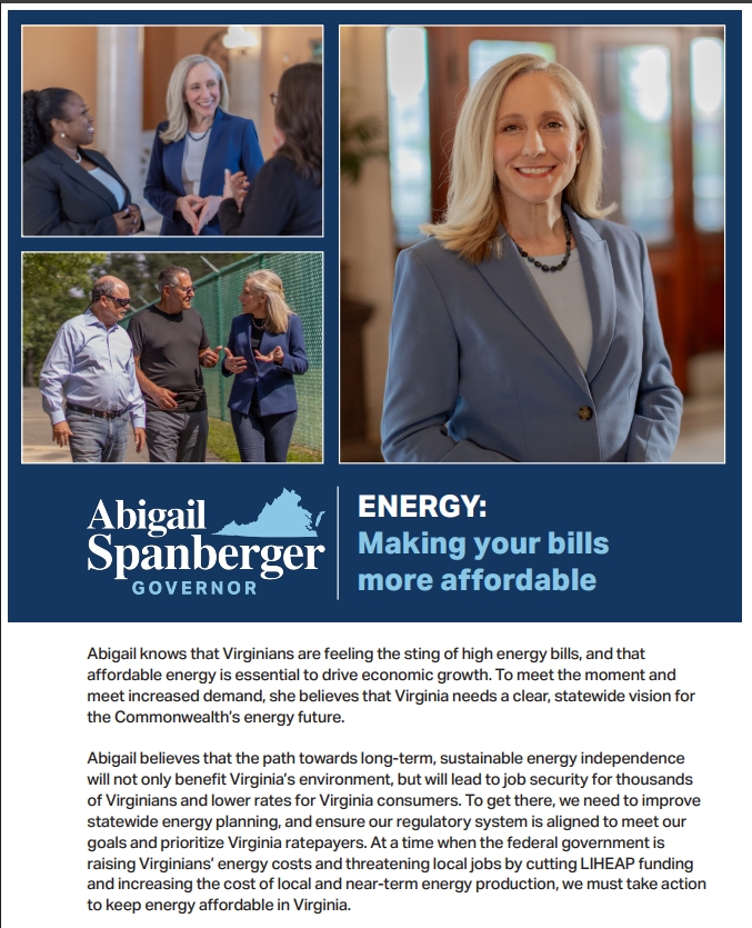 Clean Virginia: Spanberger’s Energy Plan “tackles the root causes of high costs by investing in clean, low-cost energy, improving efficiency, and making sure massive users like data centers pay their fair share.”