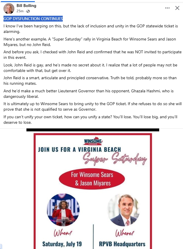 Fmr. VA Lt. Gov. Bill Bolling (R/Trump voter) Says If Winsome Earle-Sears “can’t unify [her] own ticket,” She’ll “lose big, and…deserve to lose.”