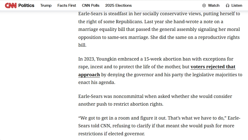 NEW from CNN: When Asked, Winsome Earle-Sears Refuses To Say She Won’t Ban Abortion As Governor