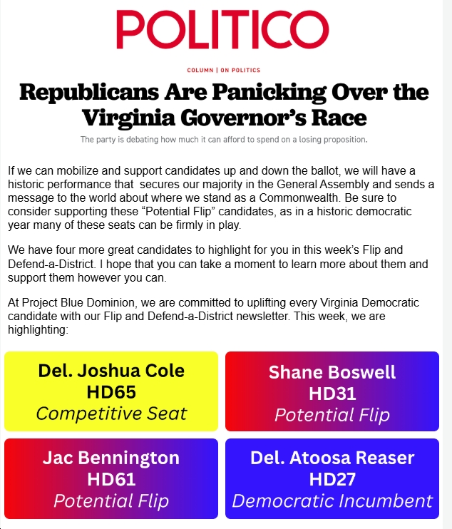 Flip and Defend-a-District 2025, Vol. 8: “The Virginia GOP is panicking about their weak candidates and unpopular policy positions.”