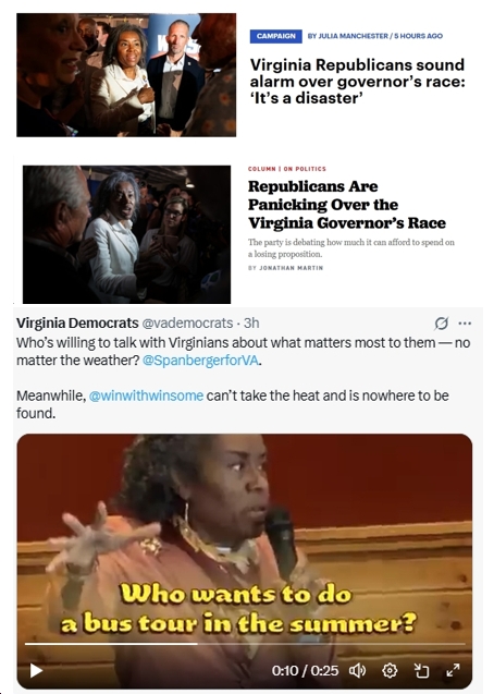 Brutal (but Accurate) Media Coverage This Morning of the Winsome Earle-Sears Campaign “Disaster,” “Panicking” Virginia Republicans Filled with “sense of dread,” etc.