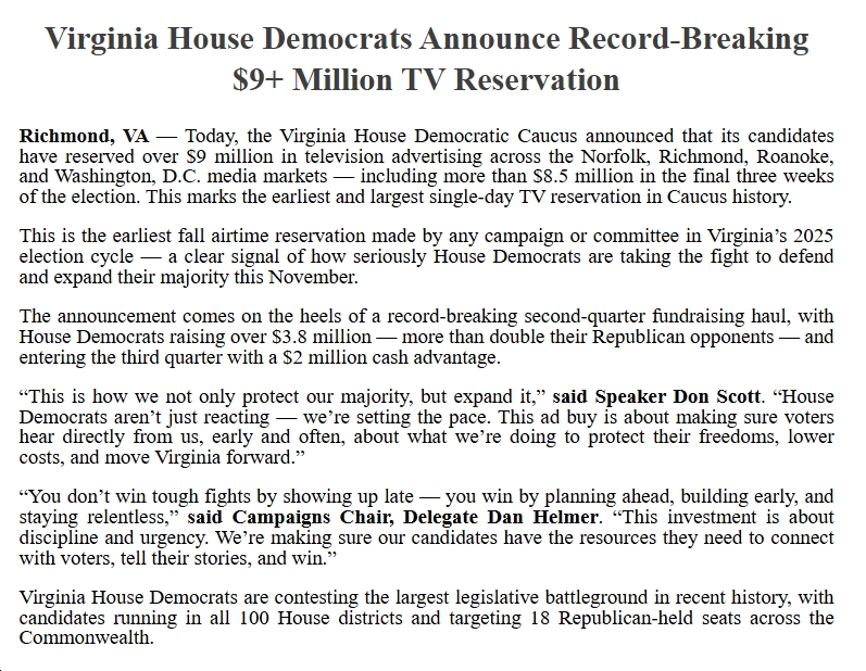 Virginia House Democrats Announce Record-Breaking $9+ Million TV Reservation