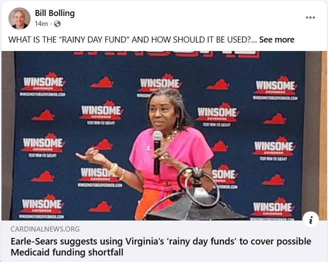 Fmr. VA Lt. Gov. Bill Bolling (R/Trump Voter) Demolishes Winsome Earle-Sears’ “very unwise” Suggestion of Using “Rainy Day Funds” to Cover Massive, Long-Term Medicaid Funding Shortfall Cause by Trump’s Big Ugly Bill