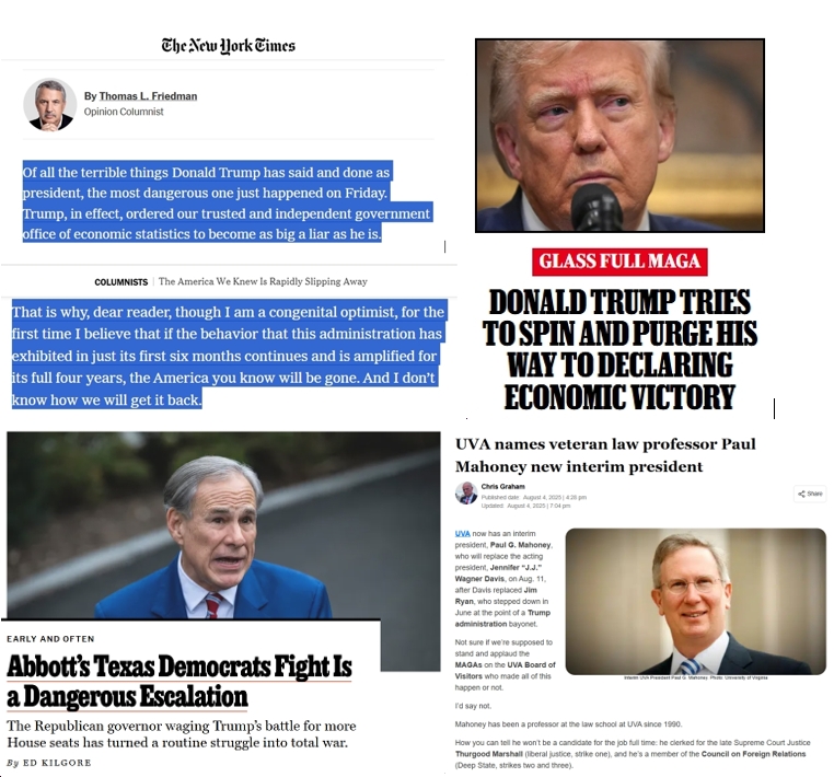 Tuesday News: “The America We Knew Is Rapidly Slipping Away”; “Trump Tries to Spin and Purge His Way to Declaring Economic Victory”; Glenn Youngkin’s Buddy Greg Abbott “has turned a routine struggle into total war”; “UVA names veteran law professor Paul Mahoney new interim president”