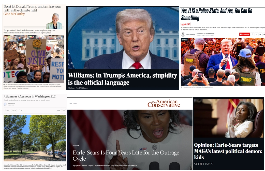Sunday News: “Don’t let Donald Trump undermine your faith in the climate fight”; “Yes, It IS a Police State. And Yes, You Can Do Something”; “In Trump’s America, stupidity is the official language”; “Earle-Sears Is Four Years Late for the Outrage Cycle”