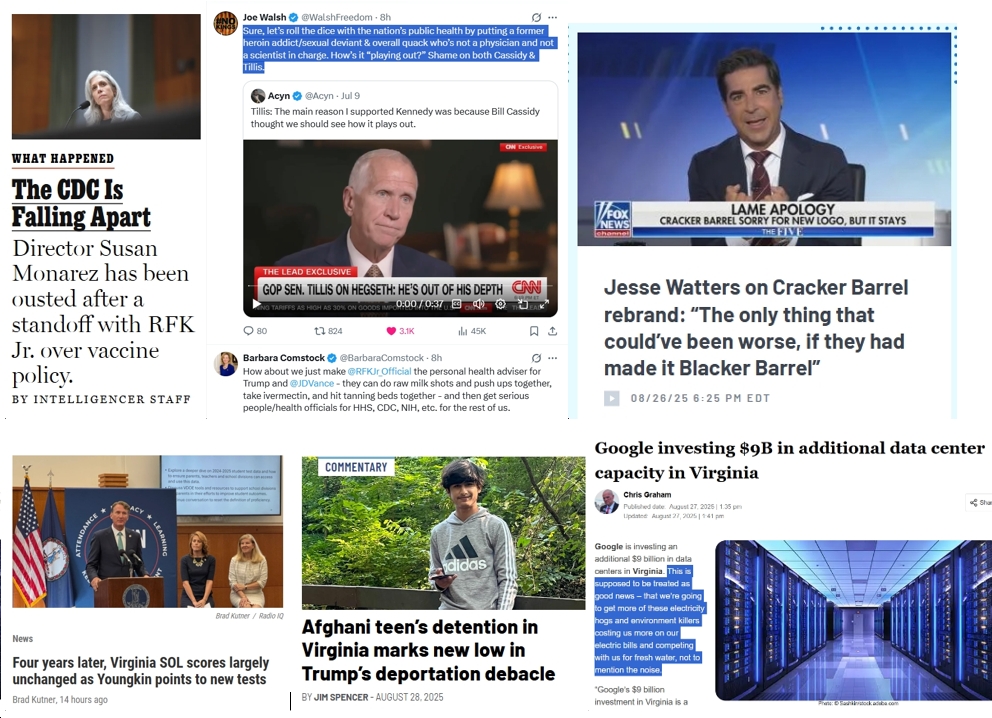 Thursday News: “CDC Bosses Quit With Doomsday Warning About ‘Deadly’ RFK Jr.”; Jesse Watters “Jokes” About “Blacker Barrel”; Youngkin Fails to Raise SOL Scores; Google Brings More “electricity hogs and environment killers” to VA; “Afghani teen’s detention…marks new low in Trump’s deportation debacle”