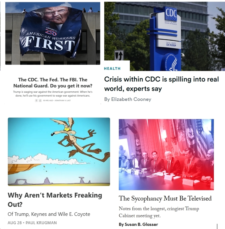 Friday News: “Decline and Fall of the American Empire”; “Why Aren’t Markets Freaking Out?”; “The CDC. The Fed. The FBI. The National Guard. Do you get it now?”; “Crisis within CDC is spilling into real world”; “The Sycophancy Must Be Televised”
