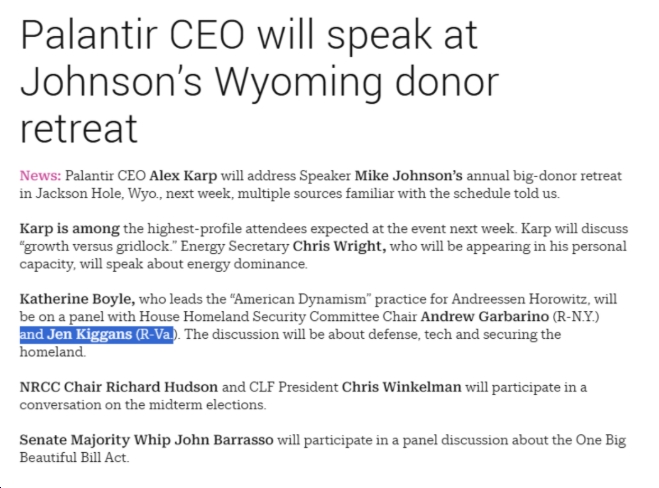Rep. Jen Kiggans (R-VA02) Set to Pal Around With Palantir in Jackson Hole – But Won’t Hold a Town Hall in Virginia Beach