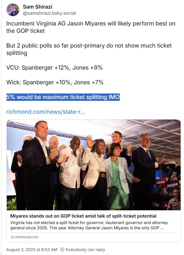 A Few Thoughts on This Morning’s Richmond Times-Dispatch Article, “Miyares stands out on GOP ticket amid talk of split-ticket potential.”