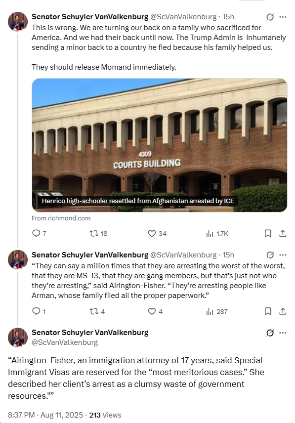 “This is wrong”; “they should release Momand immediately”: VA State Senators Schuyler VanValkenburg, Ghazala Hashmi Weigh In After ICE Arrests Henrico High School Student (with a Valid Visa)