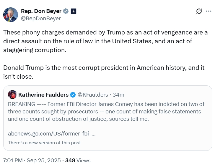 Sen. Mark Warner, Sen. Tim Kaine, Rep. Don Beyer (D-VA08) Blast James Comey Indictment as “dangerous abuse of power,” “trumped-up charges,” “act of staggering corruption” by “most corrupt president in American history”