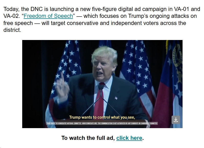 Video: DNC Launches New Digital Ads in VA-01 and VA-02 Slamming Trump’s Attacks on Free Speech