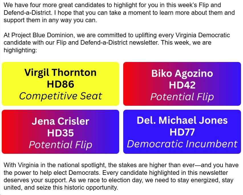 Flip and Defend-a-District 2025 (Vol. 14): Virgil Thornton (HD86), Biko Agozino (HD42), Dr. Jena Crisler (HD35), Del. Michael Jones (HD77)