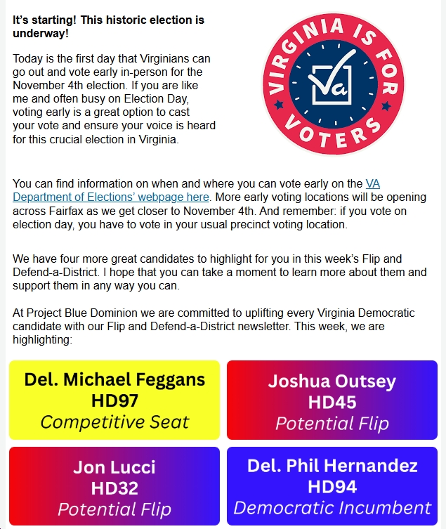 VA Flip and Defend-a-District 2025: Del. Michael Feggans (HD97), Del. Phil Hernandez (HD94), Jon Lucci (HD32), Joshua Outsey (HD45)