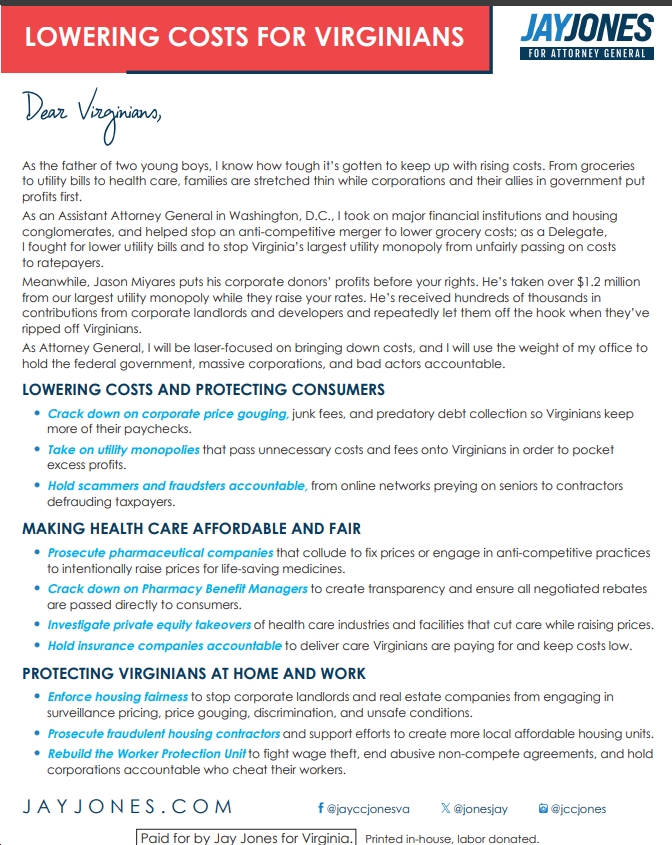 Jay Jones, Democratic Nominee for Attorney General, Releases Plan to Lower Costs and Protect Virginia Consumers