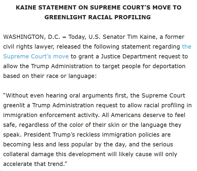 Sen. Tim Kaine Rips SCOTUS for Decision – “without even hearing oral arguments first” –  to “allow racial profiling in immigration enforcement activity”