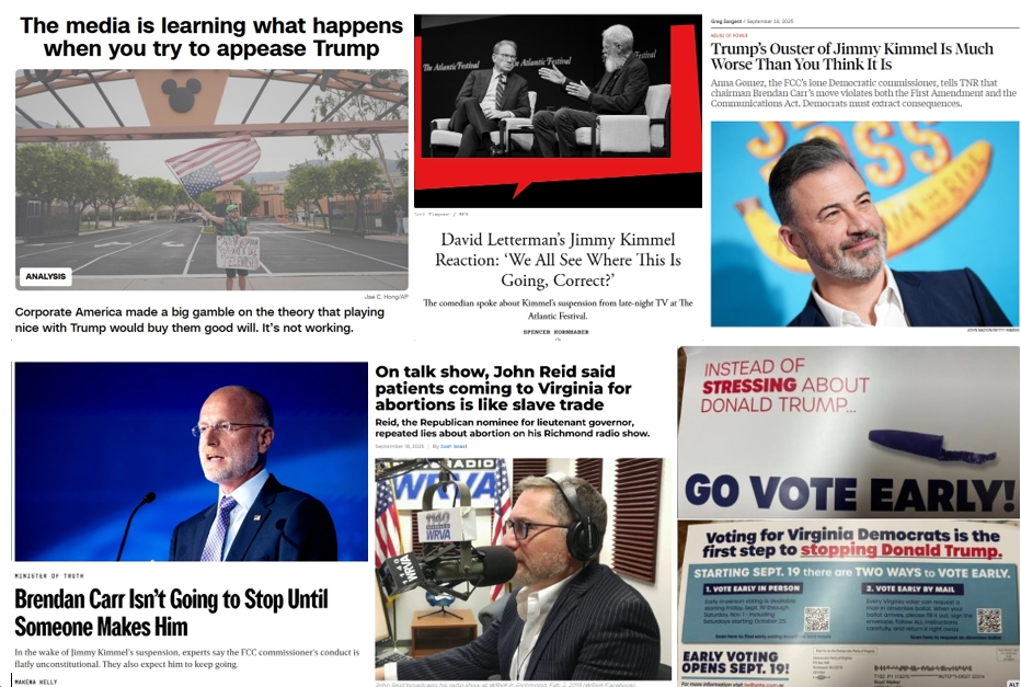 Friday News: “Trump’s Ouster of Jimmy Kimmel Is Much Worse Than You Think It Is” – “a Five-Alarm Fire”; David Letterman – “We All See Where This Is Going, Correct?’”; “Trump’s brazen attack on free speech”; John Reid’s Anti-Abortion-Extremism; Early Voting Starts TODAY