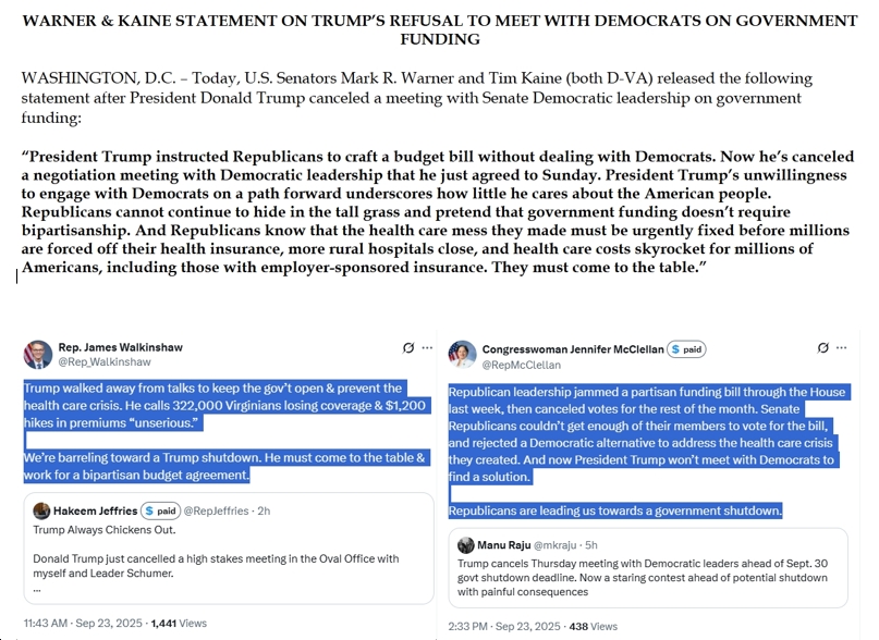 Senators Mark Warner, Tim Kaine; Reps. Jennifer McClellan (D-VA04), James Walkinshaw (D-VA11) Slam Trump for Refusing To “meet with Democrats to find a solution,” Argue “Republicans are leading us towards a government shutdown.”