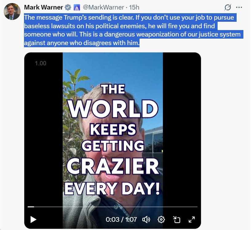 Video: Sen. Mark Warner Says Trump Worse than Nixon; What’s “Particularly Frightening” Is the Firing of Two US Attorneys from Virginia, Both Selected by Trump’s White House, Because They Refused to Break the Law