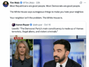 Screen cap of Tim Walz tweet saying that "Most Republican are good people. Most Democrats are good people." And saying the White House is the real problem.