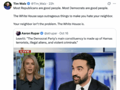 Screen cap of Tim Walz tweet saying that "Most Republican are good people. Most Democrats are good people." And saying the White House is the real problem.
