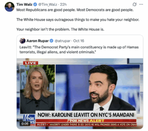 Screen cap of Tim Walz tweet saying that "Most Republican are good people. Most Democrats are good people." And saying the White House is the real problem.