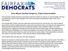 Fairfax County Democrats: “Jason Miyares Has Been Dangerous. Virginia Deserves Better.”