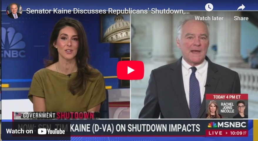 Video: Sen. Tim Kaine Says “there’s no reason for [the shutdown] to drag on,” “we could solve it in a day,” but Trump “is going about it the wrong way; he’s stiffening our spine”
