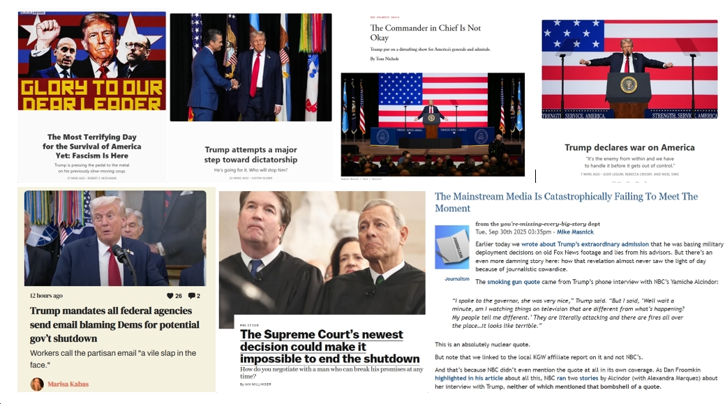 Wednesday News: “Trump declares war on America,” “attempts a major step toward dictatorship”; “Trump mandates all federal agencies send email blaming Dems for potential gov’t shutdown”; “The Mainstream Media Is Catastrophically Failing To Meet The Moment”