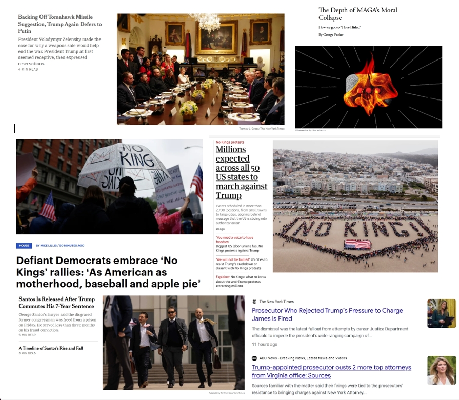 Saturday News: “Backing Off Tomahawk Suggestion, Trump Again Defers to Putin”; No Kings “As American as motherhood, baseball and apple pie’”; “The Depth of MAGA’s Moral Collapse”; “Trump-appointed prosecutor ousts 2 more top attorneys from Virginia office”