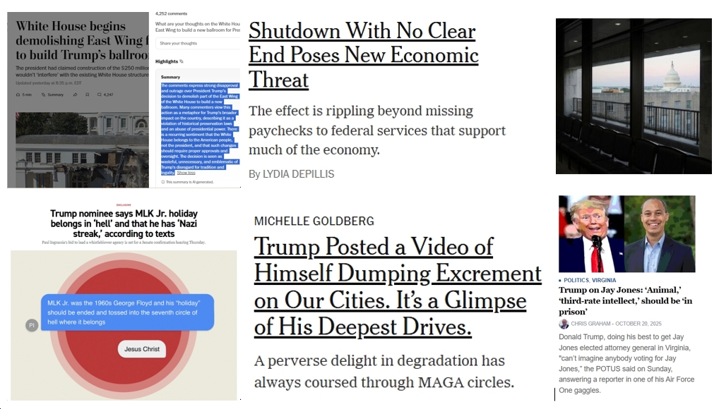 Tuesday News: “Government Shutdown With No Clear End Poses New Economic Threat”; Trump Sh*t Video “a Glimpse of His Deepest Drives”;  “Trump Goons Rage at Backlash to White House Demolition Job”; Trump Nominee Said He Has “Nazi streak”; “Black folks, to Trump, are animals, third-rate intellects, and they need to be in prison”