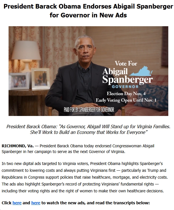 Video: President Barack Obama Endorses Abigail Spanberger for Governor in New Ads